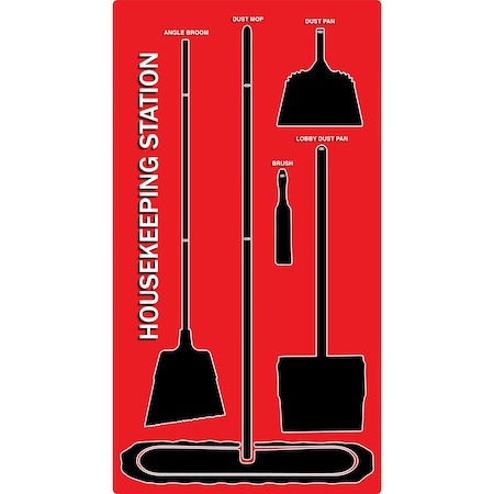 5S Supplies 5S Housekeeping Shadow Board Broom Station Version 4- Red Board / Black Shadows  With Broom HSB-V4-RED-KIT